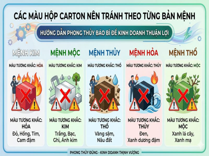 Các màu hộp carton nên tránh theo từng bản mệnh