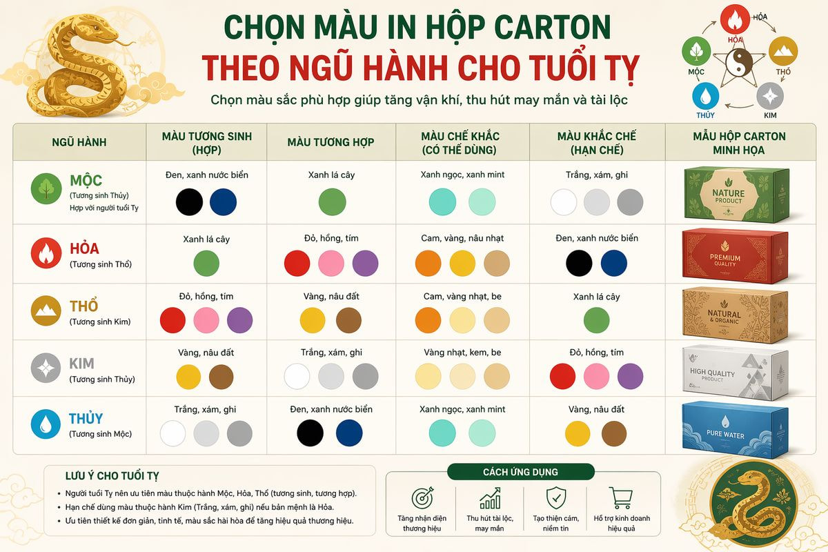 Chọn màu in hộp carton theo ngũ hành cho tuổi Tỵ