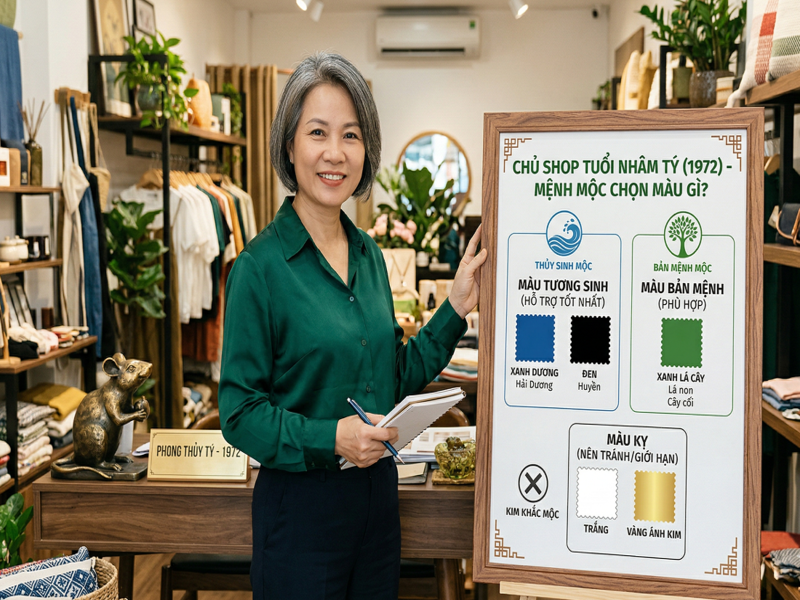 Chủ shop tuổi Nhâm Tý (Sinh năm 1972 - Mệnh Mộc) chọn màu gì?