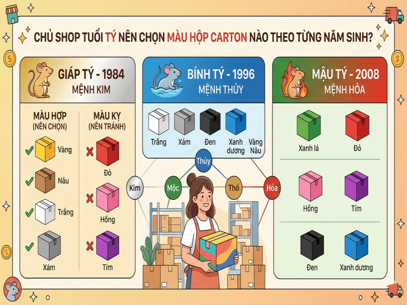 Chủ shop tuổi Tý nên chọn màu hộp carton nào theo từng năm sinh?