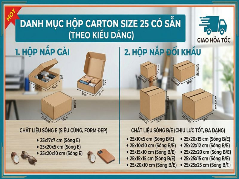 Danh mục các mẫu hộp carton size 25 có sẵn theo kiểu dáng