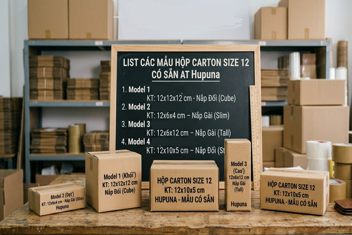 List các mẫu hộp carton size 12 có sẵn tại Hupuna
