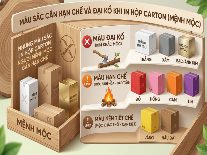 Những màu sắc in hộp carton người mệnh Mộc cần hạn chế