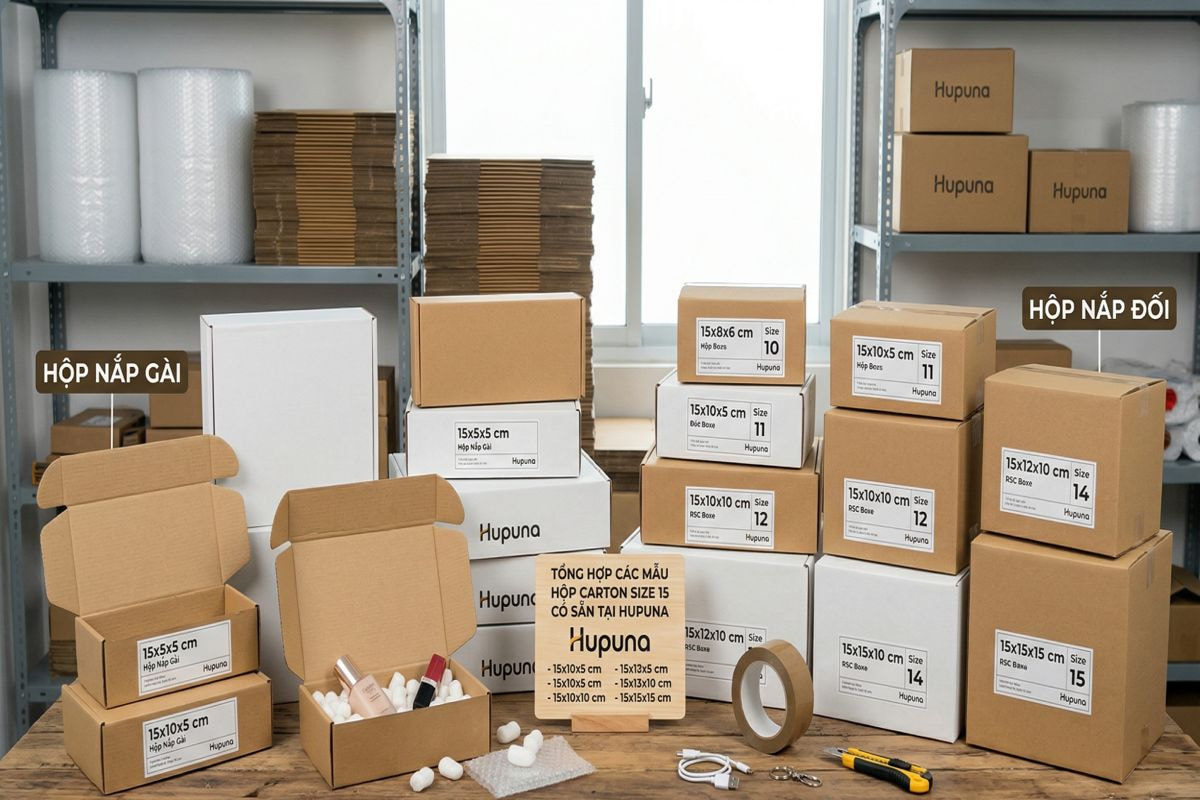 Tổng hợp các mẫu hộp carton size 15 có sẵn tại Hupuna