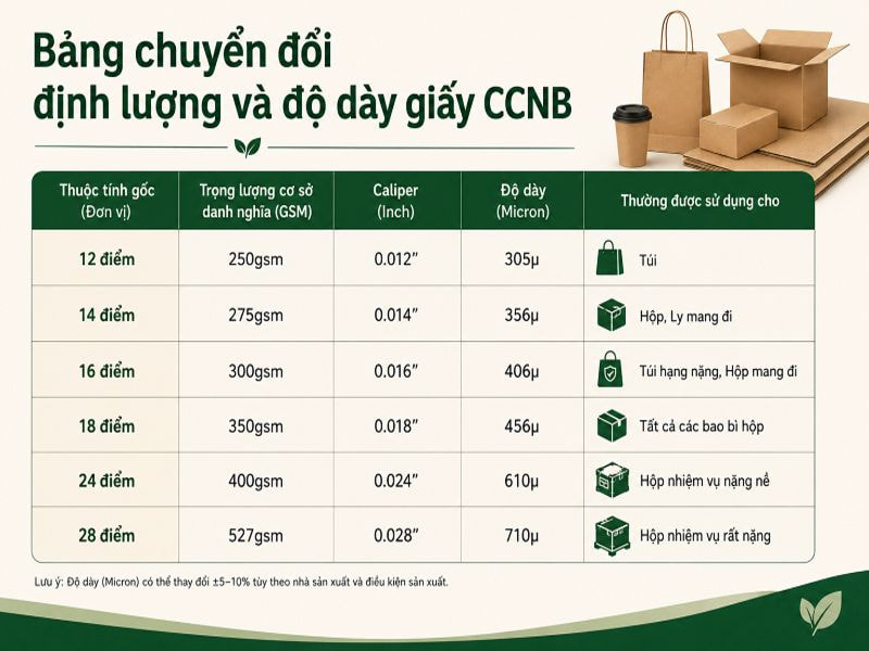 Bảng chuyển đổi định lượng và độ dày giấy CCNB