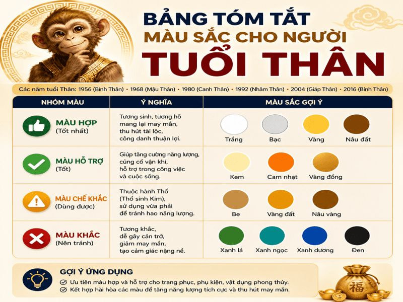 Bảng tóm tắt màu sắc cho người tuổi Thân