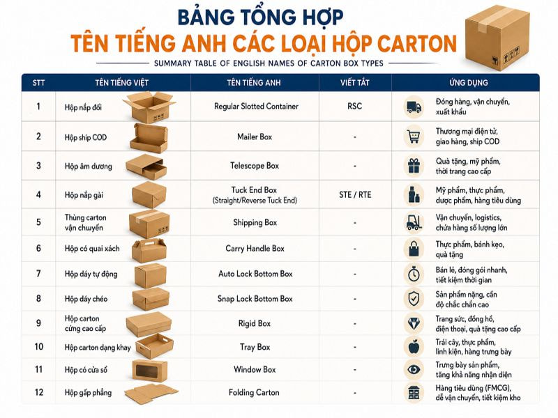 Bảng tổng hợp tên tiếng Anh các loại hộp carton