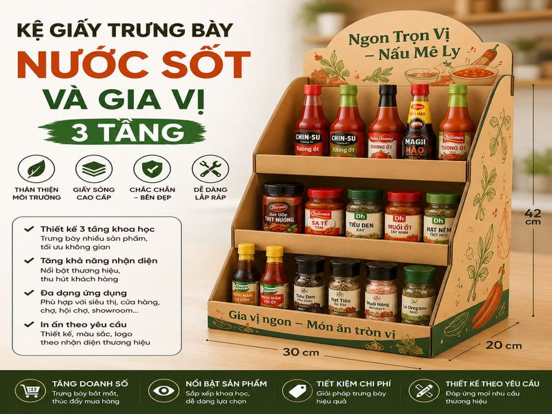 Kệ giấy trưng bày nước sốt và gia vị 3 tầng