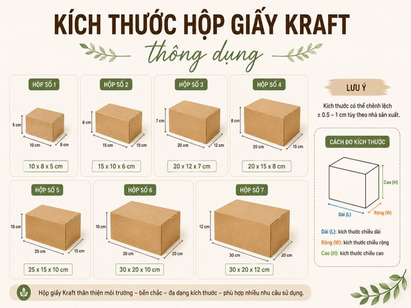 Kích thước hộp giấy Kraft thông dụng