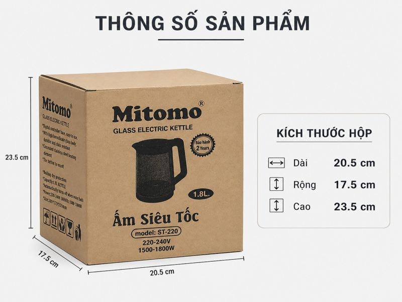 Thông số kỹ thuật thùng carton đựng ấm siêu tốc Mitomo