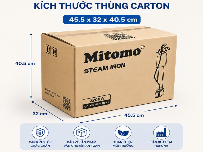 Thông số kỹ thuật thùng carton đựng bàn là hơi nước Mitomo