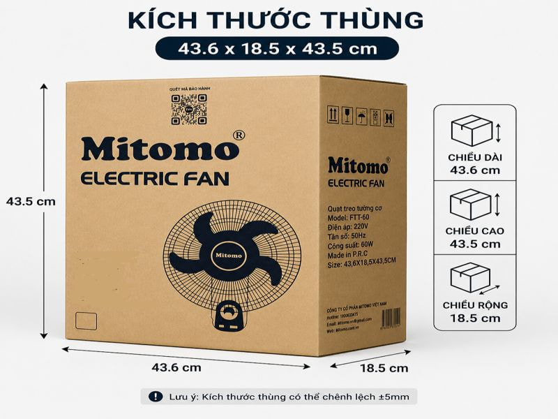 Thông số kỹ thuật thùng carton đựng quạt treo tường Mitomo