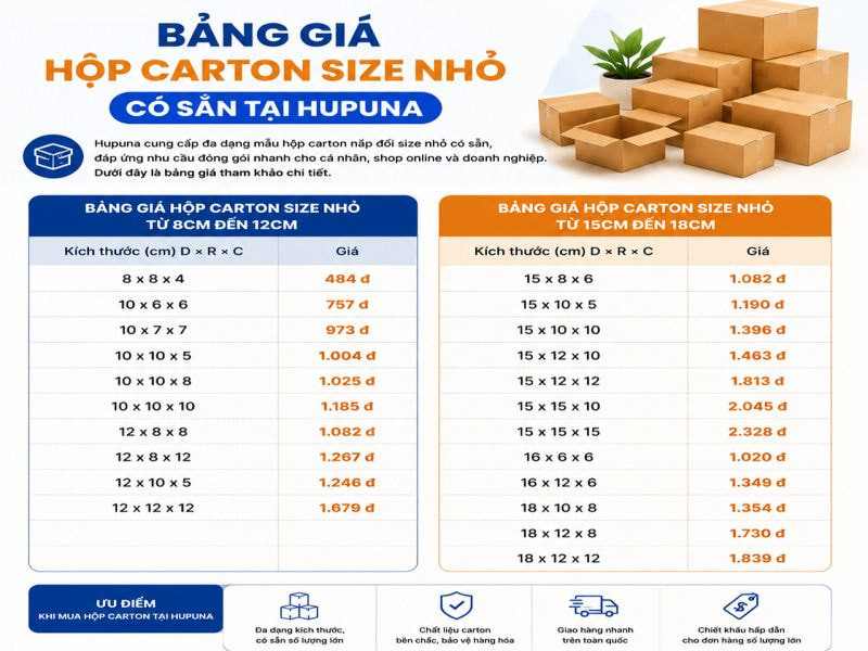 Bảng giá hộp carton size nhỏ có sẵn tại Hupuna