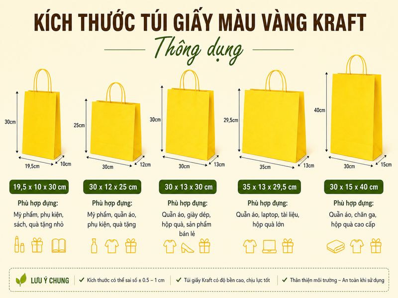 Kích thước túi giấy màu vàng Kraft thông dụng