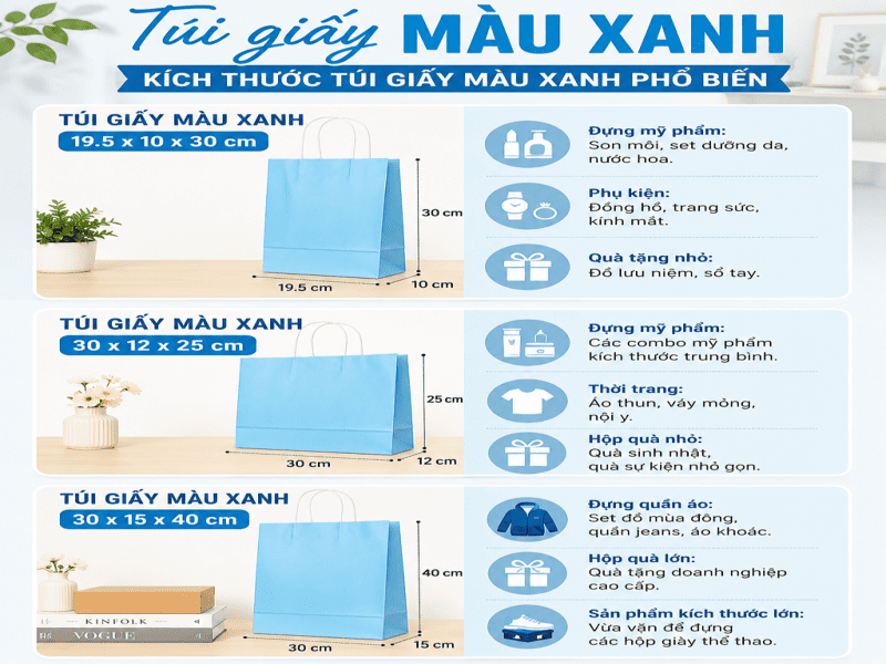 Kích thước túi giấy màu xanh phổ biến