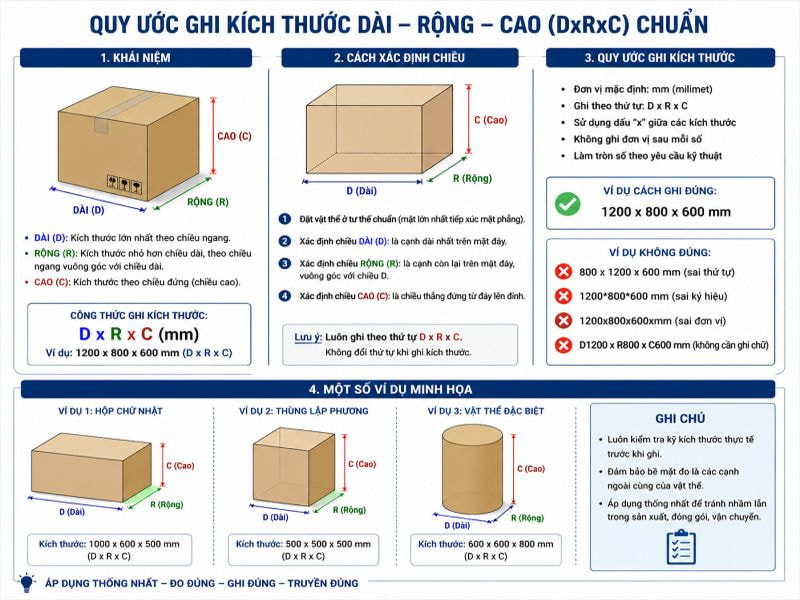 Quy ước ghi kích thước dài rộng cao chuẩn