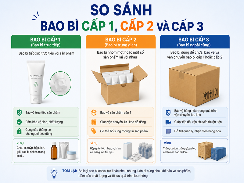 So sánh bao bì cấp 1, cấp 2 và cấp 3