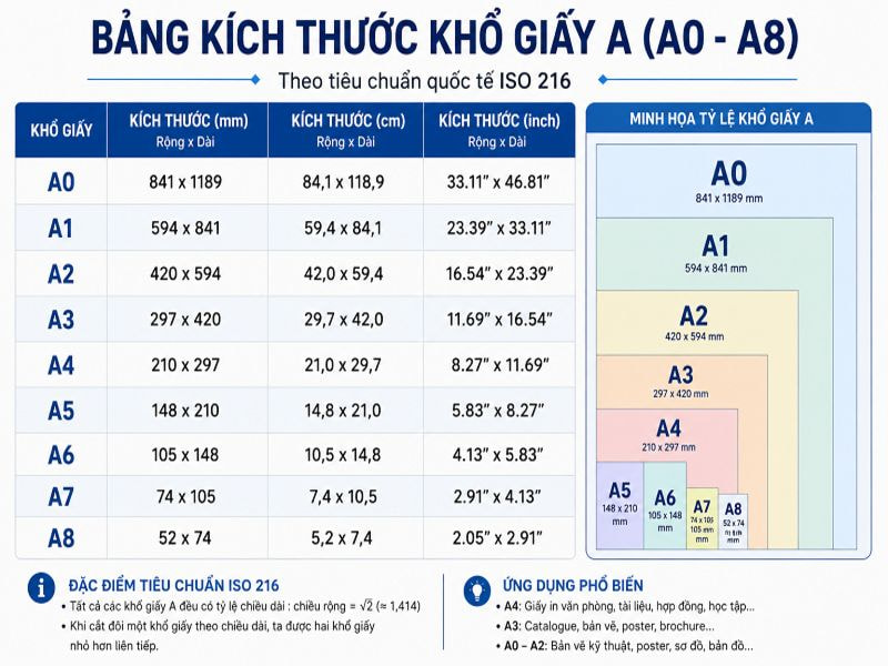 Bảng kích thước khổ giấy A (A0 - A8)