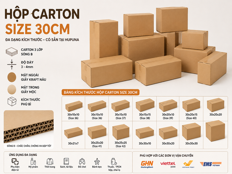 Bảng kích thước và giá hộp carton size 30cm mới nhất