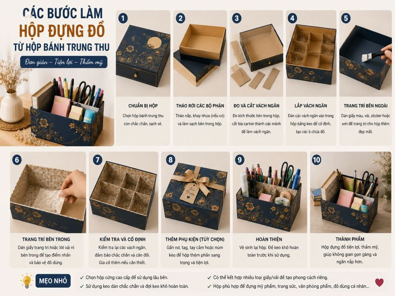 Các bước làm hộp đựng đồ từ hộp bánh trung thu