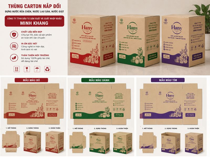 Công ty TTHH đầu tư sản xuất và xuất nhập khẩu Minh Khang sản xuất thùng carton đựng nước rửa chén, nước lau sàn, nước giặt