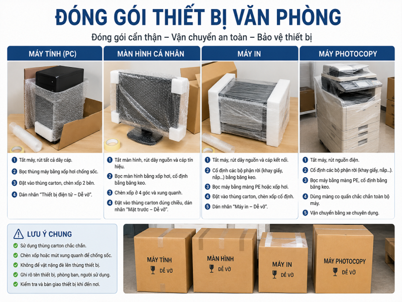 Đóng gói thiết bị như máy tính, màn hình cá nhân, máy in, máy photocopy