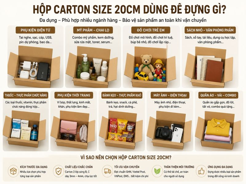 Hộp carton size 20cm dùng để đựng gì?
