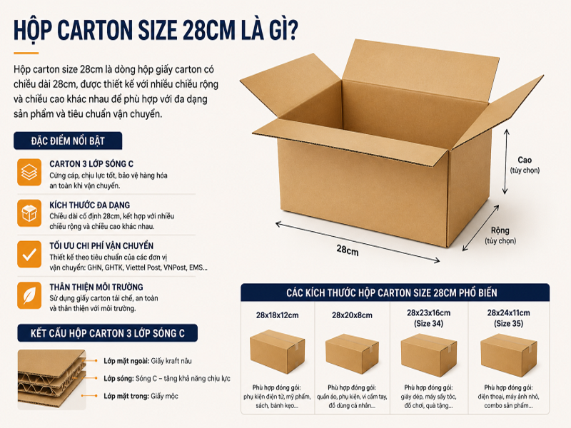 Hộp carton size 28cm là gì?