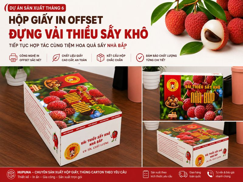Hộp giấy in offset đựng vải thiều sấy (Tiệm hoa quả sấy Nhà Bắp)