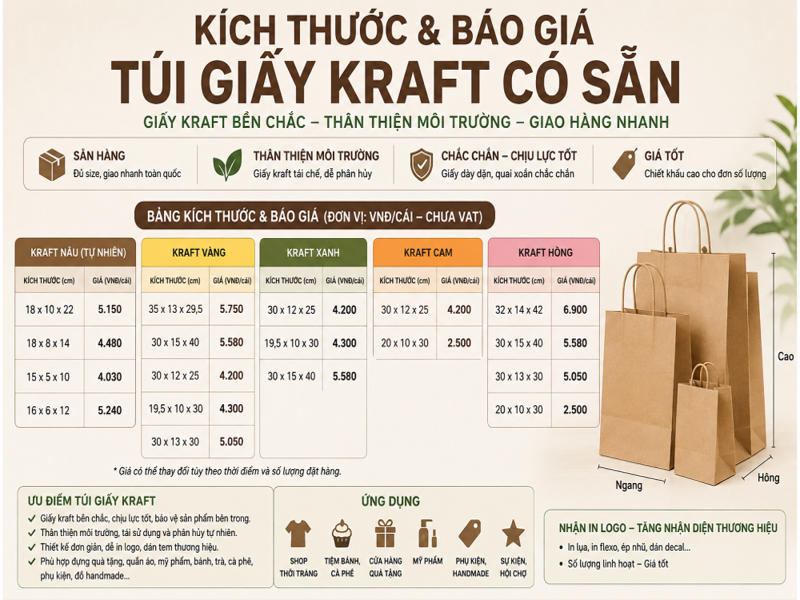 Kích thước và báo giá túi giấy kraft có sẵn