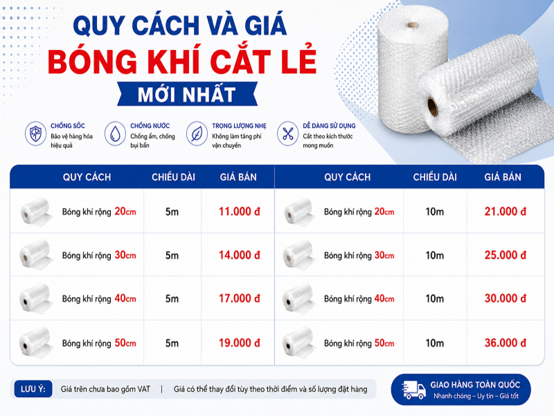 Quy cách và giá bóng khí cắt lẻ mới nhất