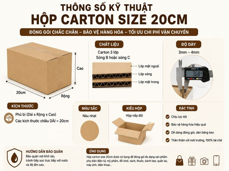 Thông số kỹ thuật hộp carton size 20cm