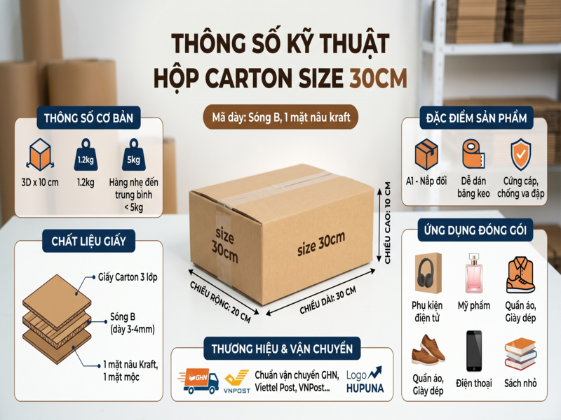 Thông số kỹ thuật hộp carton size 30cm