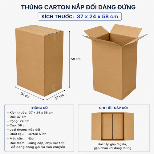 Thùng carton nắp đối kích thước 37 x 24 x 58 cm