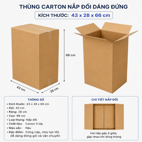 Thùng carton nắp đối kích thước 43 x 28 x 66 cm