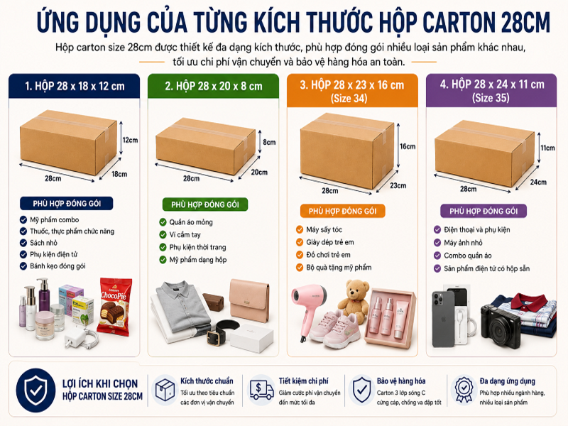 Ứng dụng của từng kích thước hộp carton 28cm