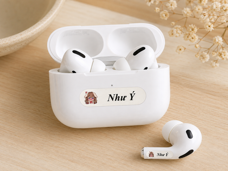 Dán sticker in tên vào airpods