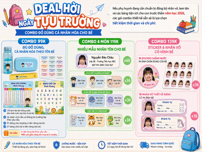 Deal hời ngày tựu trường: Combo đồ dùng cá nhân hóa cho bé