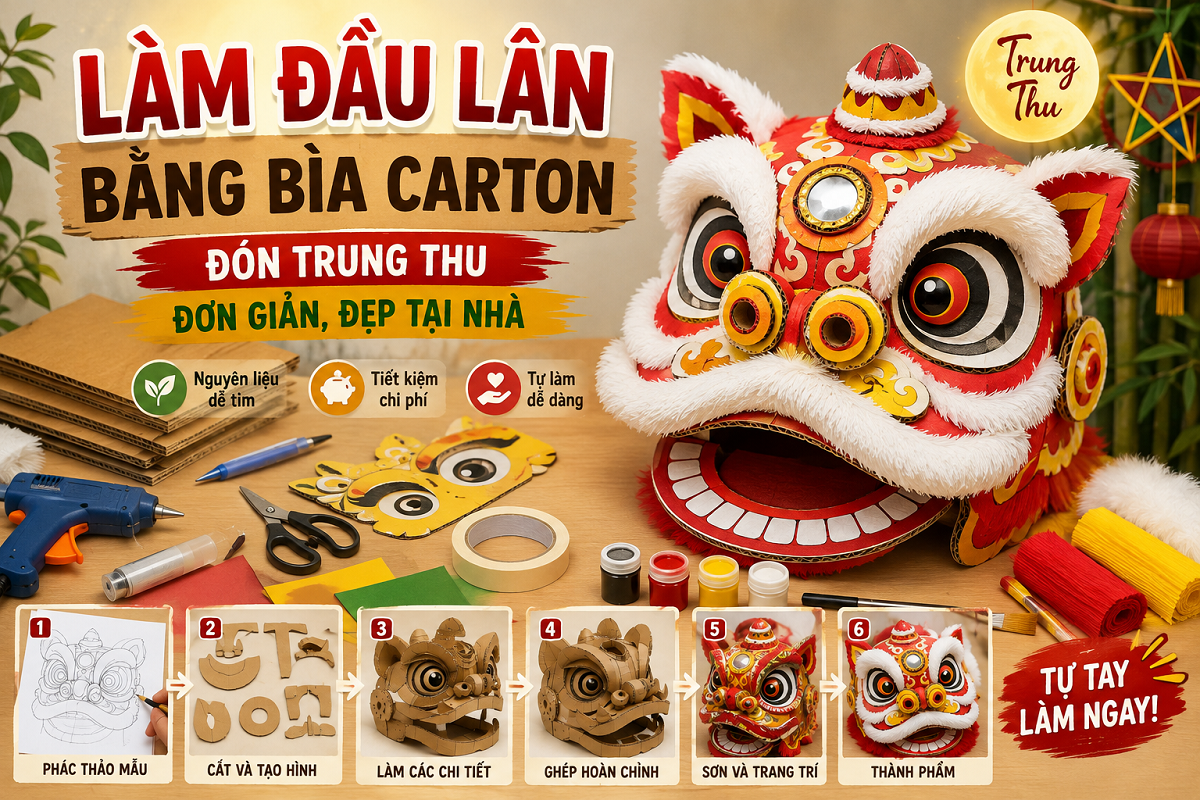 Làm đầu lân bằng bìa carton đón trung thu đơn giản, đẹp tại nhà