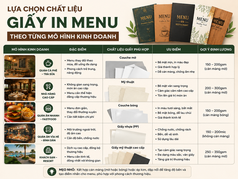 Lựa chọn chất liệu giấy in menu theo từng mô hình kinh doanh