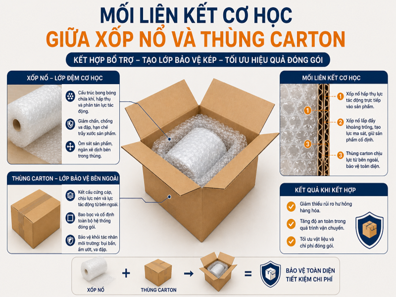 Mối liên kết cơ học giữa xốp nổ và thùng carton