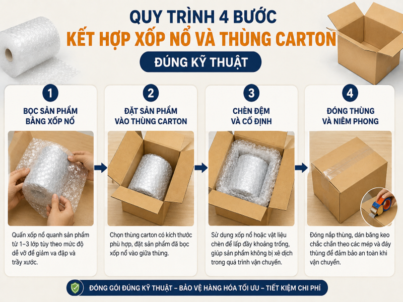 Quy trình 4 bước kết hợp xốp nổ và thùng carton đúng kỹ thuật