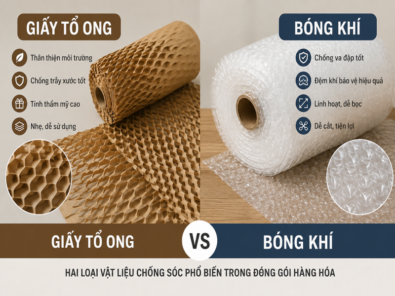 So sánh giấy tổ ong và bóng khí chống sốc dùng để đóng gói hàng hóa