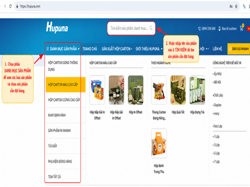 Truy cập vào trang web Hupuna để đặt hàng chọn phần danh mục sản phẩm hoặc tìm kiếm sản phẩm trên ô tìm kiếm