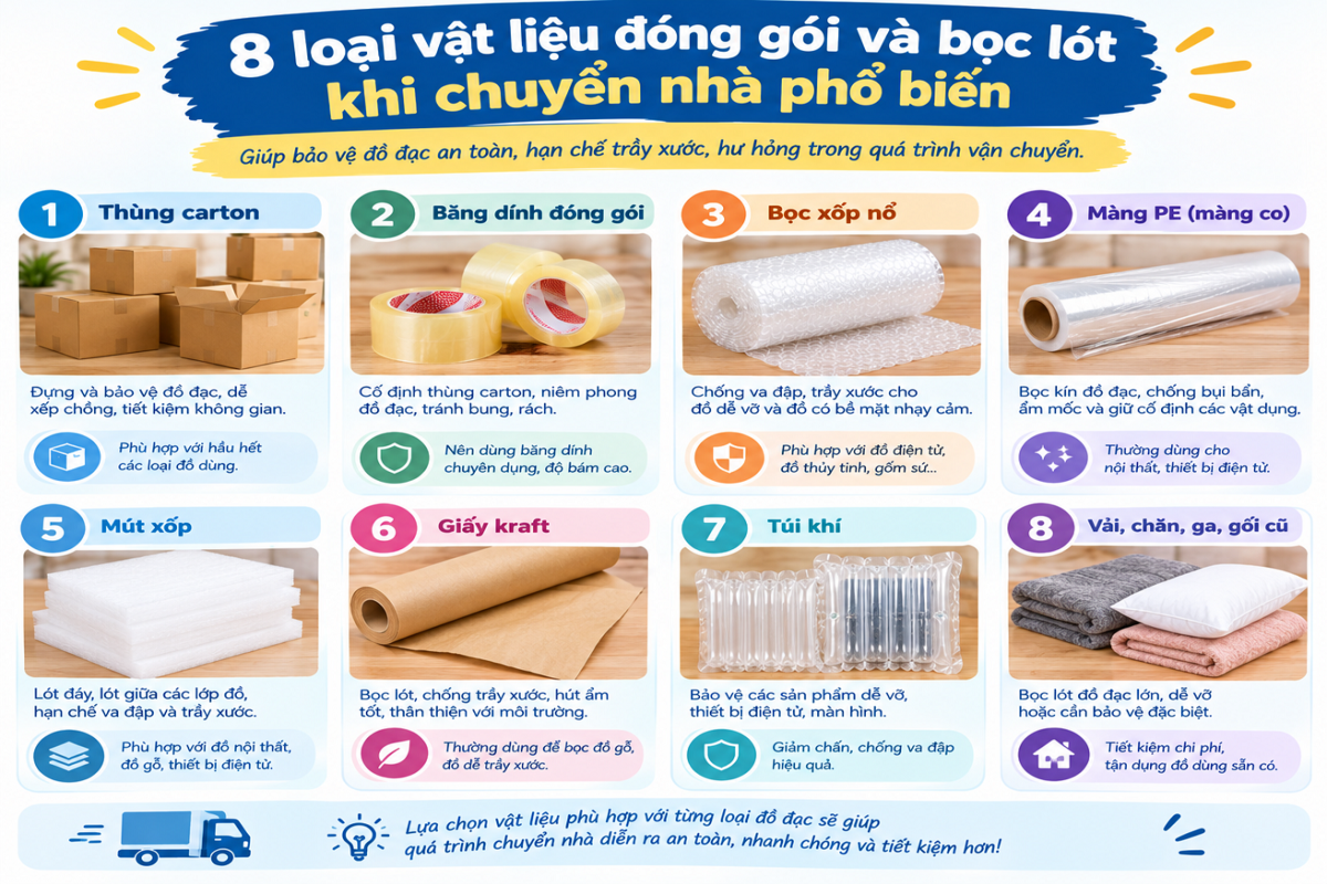 8 loại vật liệu đóng gói và bọc lót khi chuyển nhà phổ biến