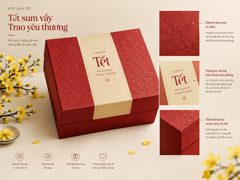 Hộp quà Tết với Pattern hoa mai in chìm, các thông tin chữ chính được đặt trên mảng màu phẳng để tránh rối mắt