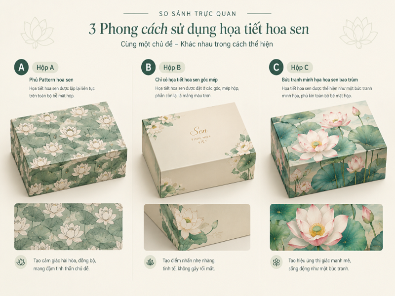 So sánh trực quan trên 3 chiếc hộp Hộp A phủ Pattern hoa sen, Hộp B chỉ có họa tiết hoa sen góc mép, Hộp C là bức tranh minh họa hoa sen bao trùm