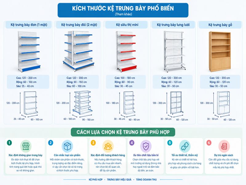 Bảng kích thước kệ trưng bày theo không gian sử dụng