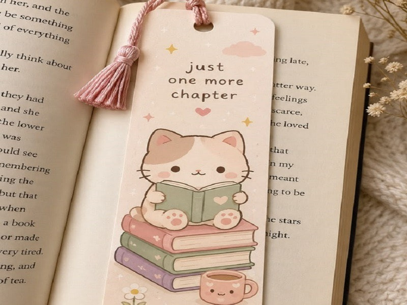 Bookmark bo góc in kỹ thuật số xỏ dây tua rua hồng pastel