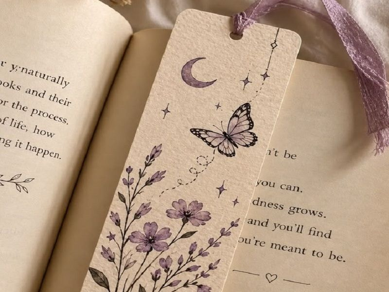 Bookmark bo góc tròn quy cách đục lỗ xỏ dây ruy băng voan